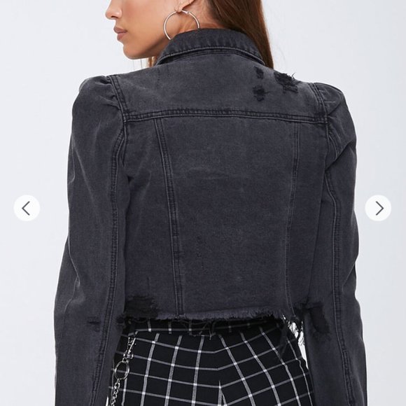 Forever 21 Frayed Puff-Sleeve Denim Jacket Size Small Color Washed Black - Picture 9 of 11